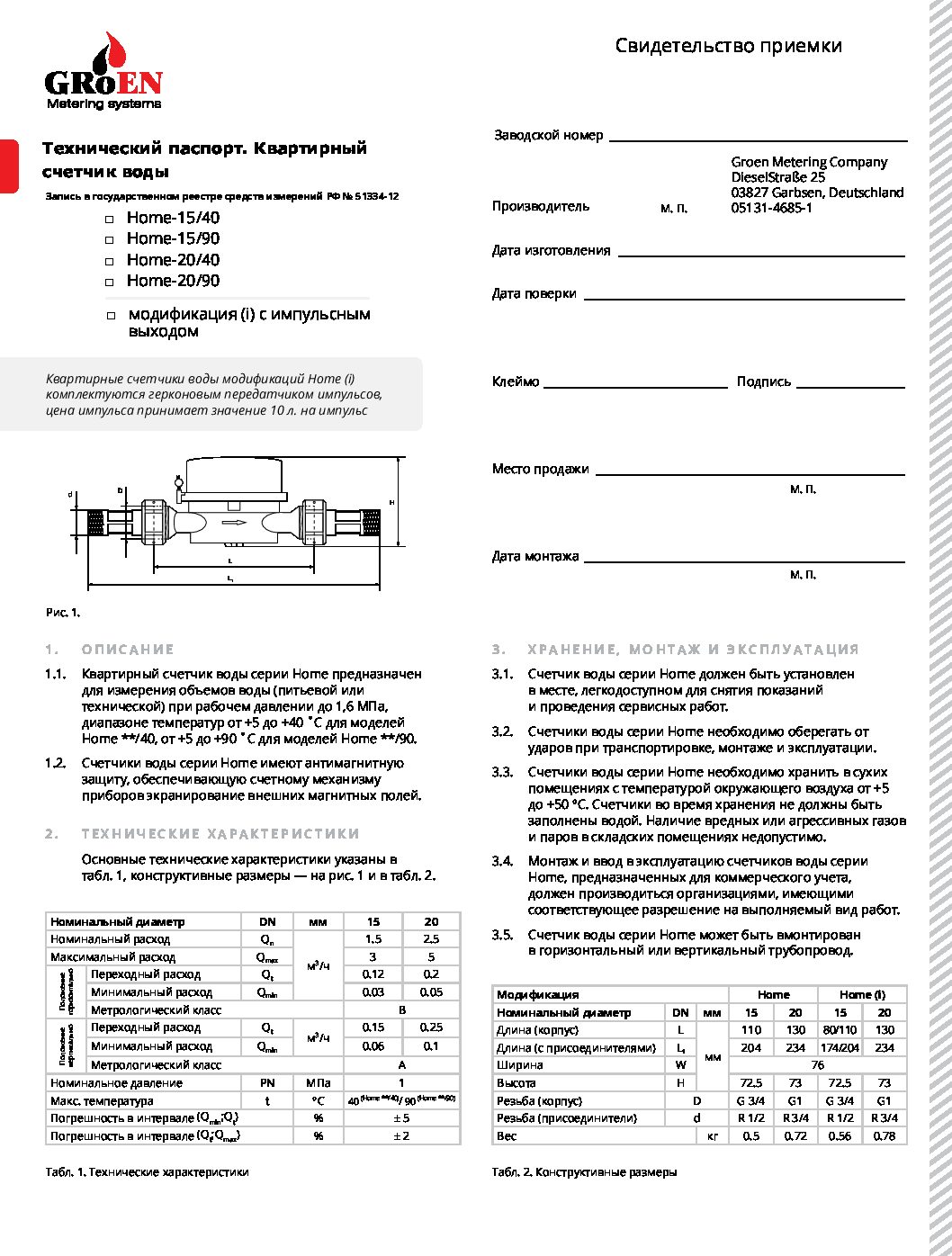 Паспорт счетчиков GROEN HOME